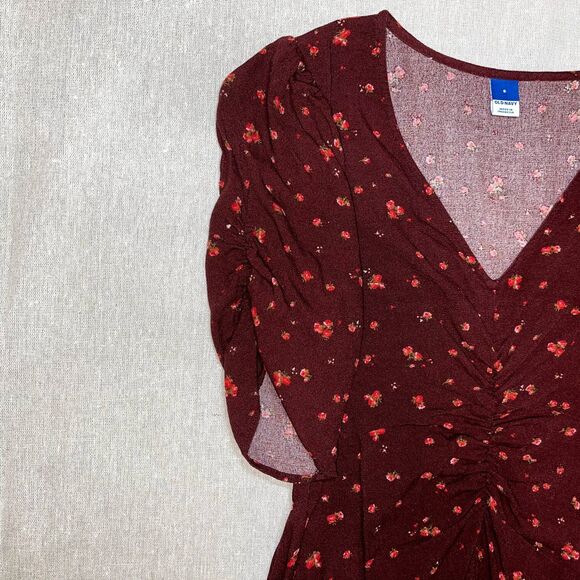 Old Navy | Burgundy Ditsy Floral Puff-Sleeve V-Neck Crepe Midi Dress | Small - Picture 7 of 11